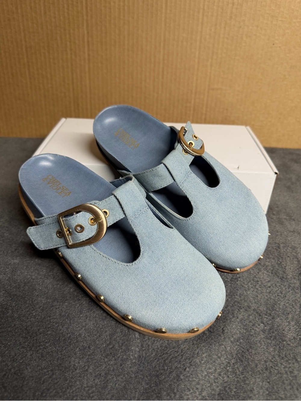 Chelsea and Violeta Slip-On Clog Mules in Light Blue Denim size 6M